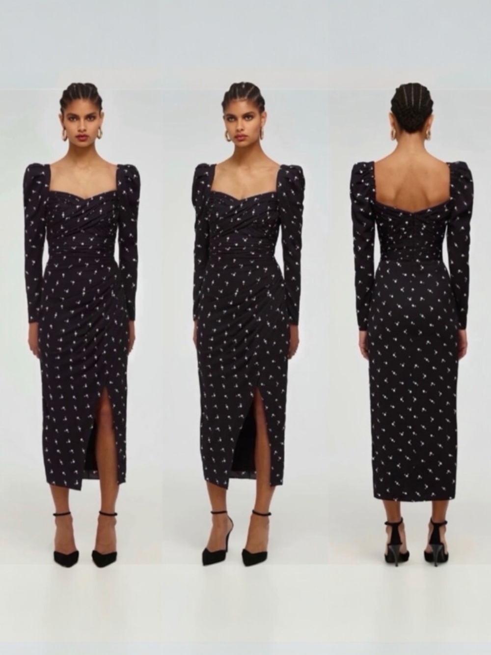 SELF-PORTRAIT Black Polka Dot Ruched Midi Dress Padded Shoulder US 6 UK 10